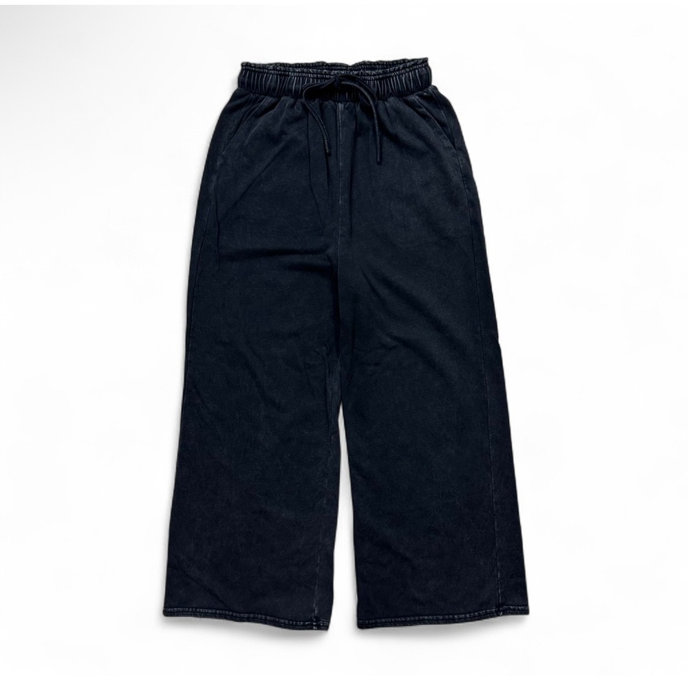 QTT Black Faded Wide Leg Sweatpants Drawstring 100% Cotton Pockets Women's Small